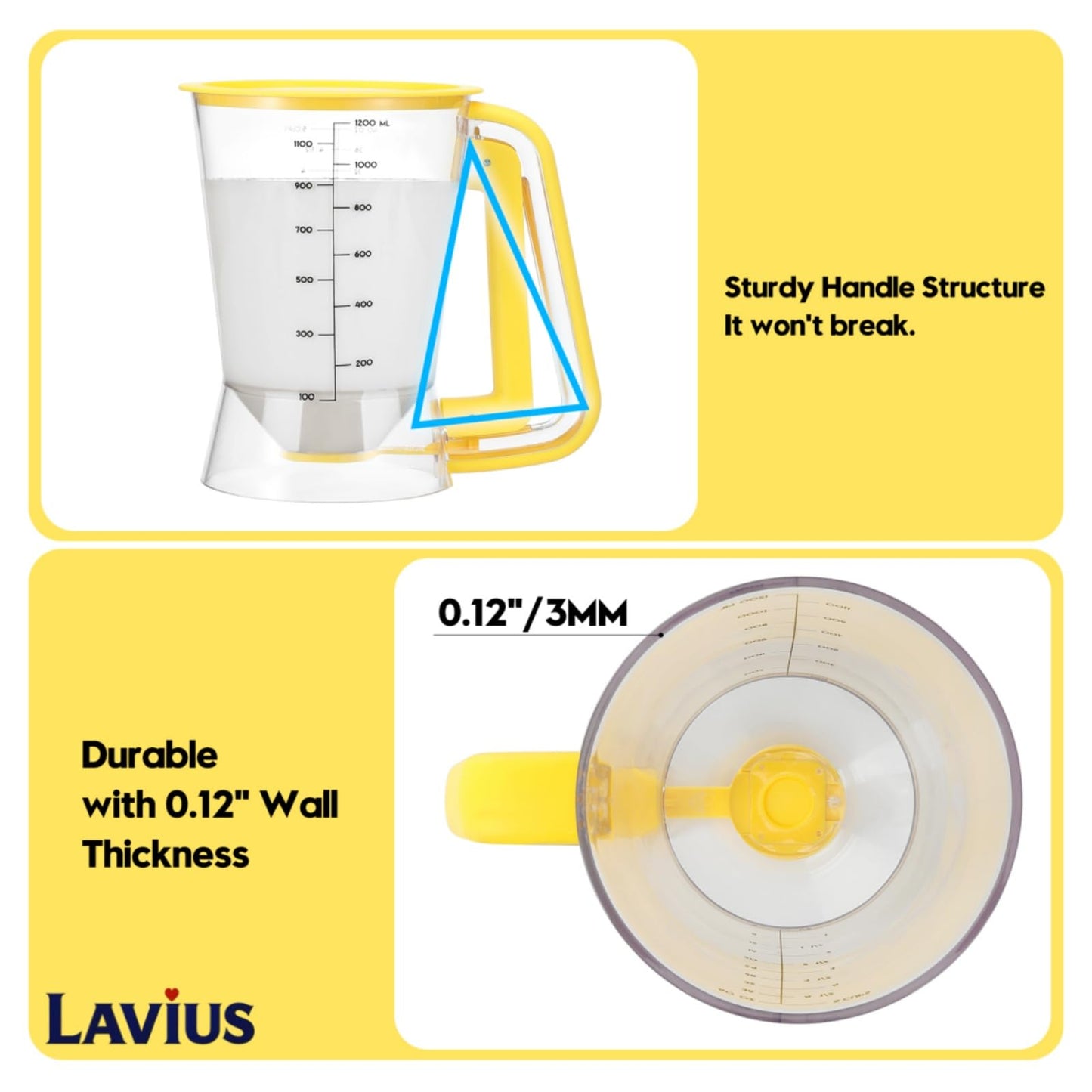 Lavius Pancake Batter Dispenser 5-Cup Batter Pourer for Maker Pancakes, Waffles, Crepes, Muffins, Cupcakes, Easy Squeeze Grip Handle with Proof Nozzle, Precise Baking Tools（Yellow）