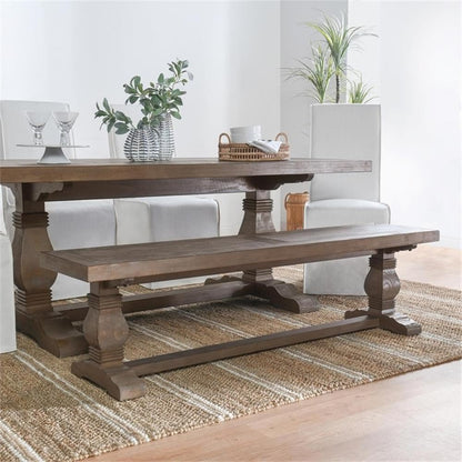 MAKLAINE 66" Transitional Reclaimed Pine Wood Bench, Weathered Brown Finish, Hand-Carved Pedestal Base, Rustic Style Seating for Kitchen or Dining Room, Seats Up to 3