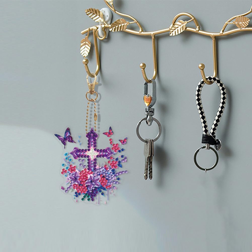 POETRYDRAW 6Pcs Diamond Painting Keychains Double Sided 5D Cross Flower Diamond Art Kit Full Drill DIY Diamond Art Keychain Gem Art Diamond Painting Kits for Adults