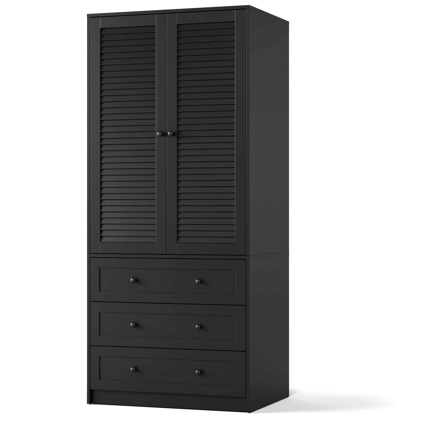 GarveeHome Armoire Wardrobe Closet with 3 Drawers, 69.5" Wooden Wardrobe Cabinet, Hanging Rod, 2 Doors Clothing Storage Cabinet for Bedroom, Large Capacity Storage, Louvered Door, Black