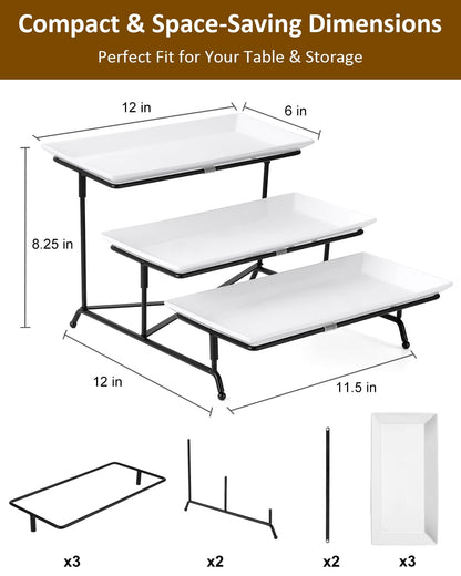 Yedio 3 Tier Serving Trays for Party, Porcelain Serving Platters and Trays, 12 Inch Tiered Tray Stand, Fruit Tray, Trays for Serving Food, White Dessert Stand with Collapsible Sturdier Metal Rack