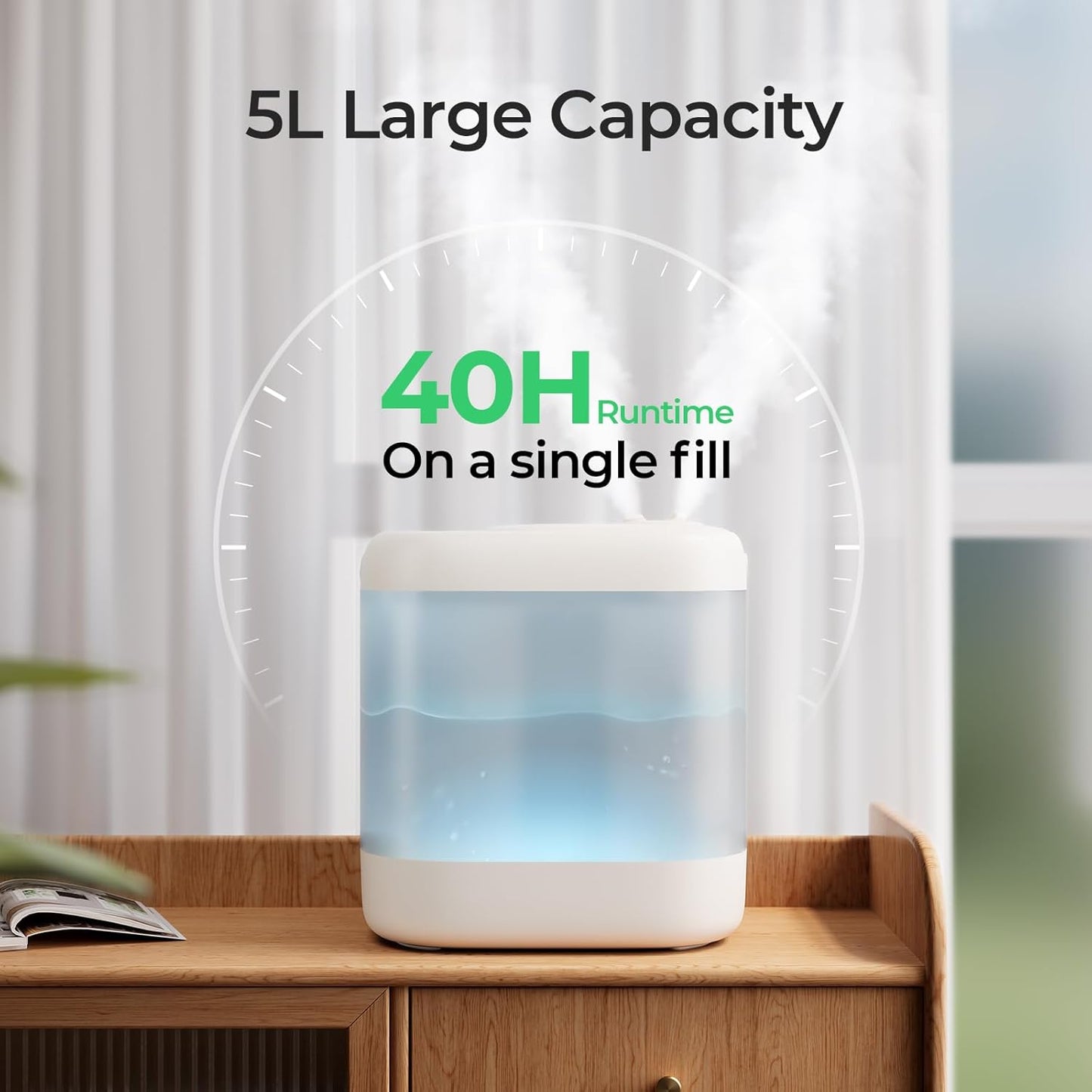Homvana Humidifiers for Bedroom, 5L Super Easy to Clean Top Fill Auto Adapt Cool Mist Humidifier for Home