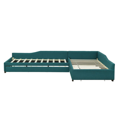 Merax Double Twin Size Upholstered Daybed with Trundle and Storage Drawer, Green Wood Bed Frame for Teens