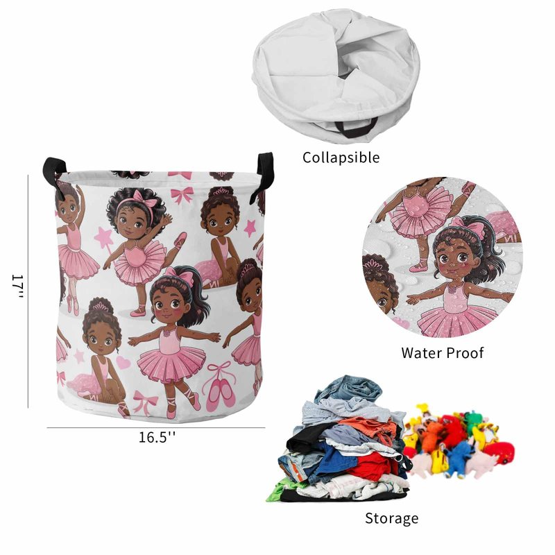 Laundry Basket African Black Girl Ballet Dance,Waterproof Collapsible Clothes Hamper Pink Skirt Star Bow,Large Storage Bag for Bedroom Bathroom