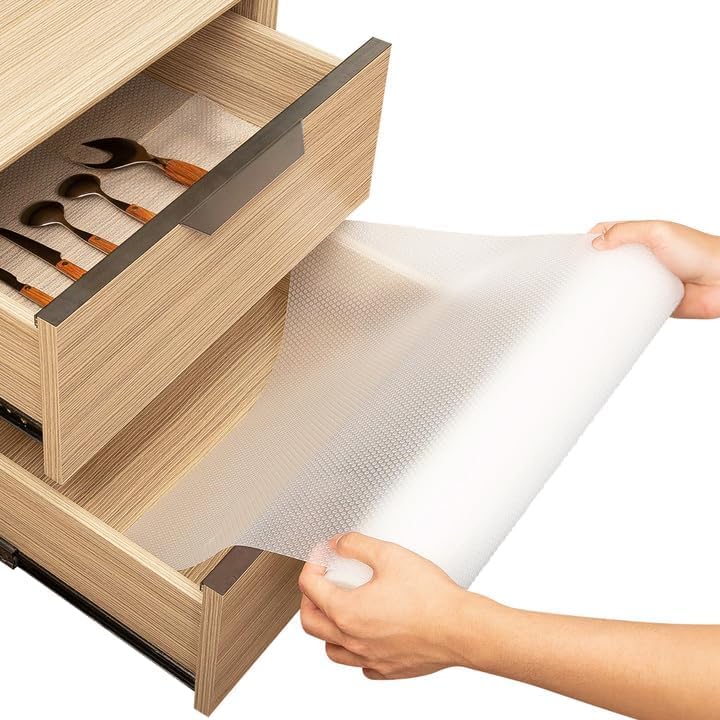 Linda's Essentials Shelf Liner Drawer Liner for Kitchen Cabinets Non-Adhesive (12 x 60 Inches) - Non-Slip Easy Clean Kitchen Cabinet and Cupboard Protector, Waterproof Mat, Clear Roll