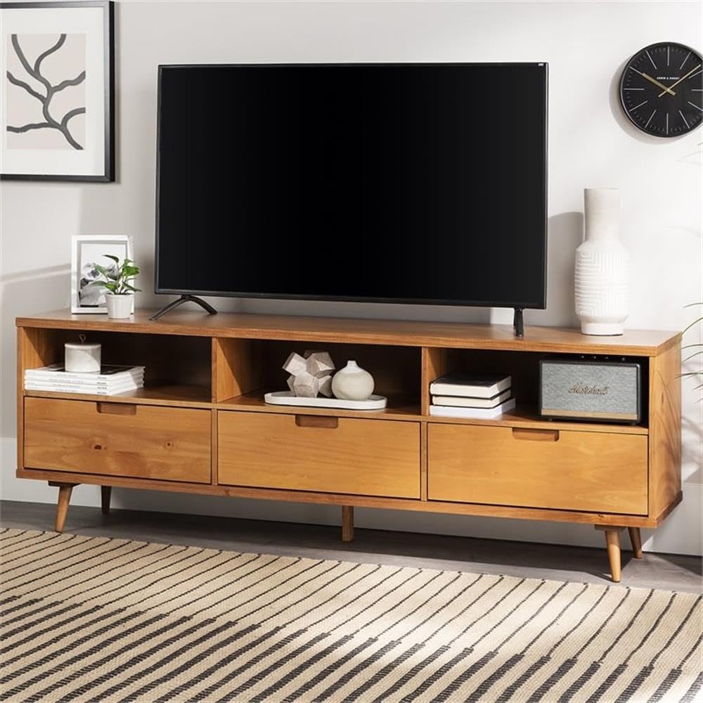 Walker Edison Millie Mid Century Modern 3 Drawer Solid Wood Low TV Stand for TVs up to 80 Inches 70 Inch Caramel