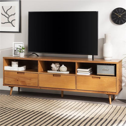 Walker Edison Millie Mid Century Modern 3 Drawer Solid Wood Low TV Stand for TVs up to 80 Inches 70 Inch Caramel