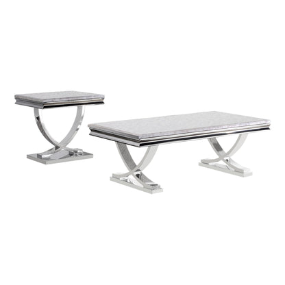 Furniture of America Obera 18mm Faux Marble Top 2-Piece Coffee Table Set with X-Shaped Base, Metal Construction, Home Decor for Living Room, Lounge Area, Office, Chrome