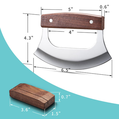 Coowolf Ulu Knife - Sharp Rocker Mezzaluna Knife with Stand for Cutter Pizza, Meat, Vegetables, Herb, Salad, Stainless Steel Blade, Walnut Wood Handle, Kitchen Essentials Accessories and Gadgets Tools