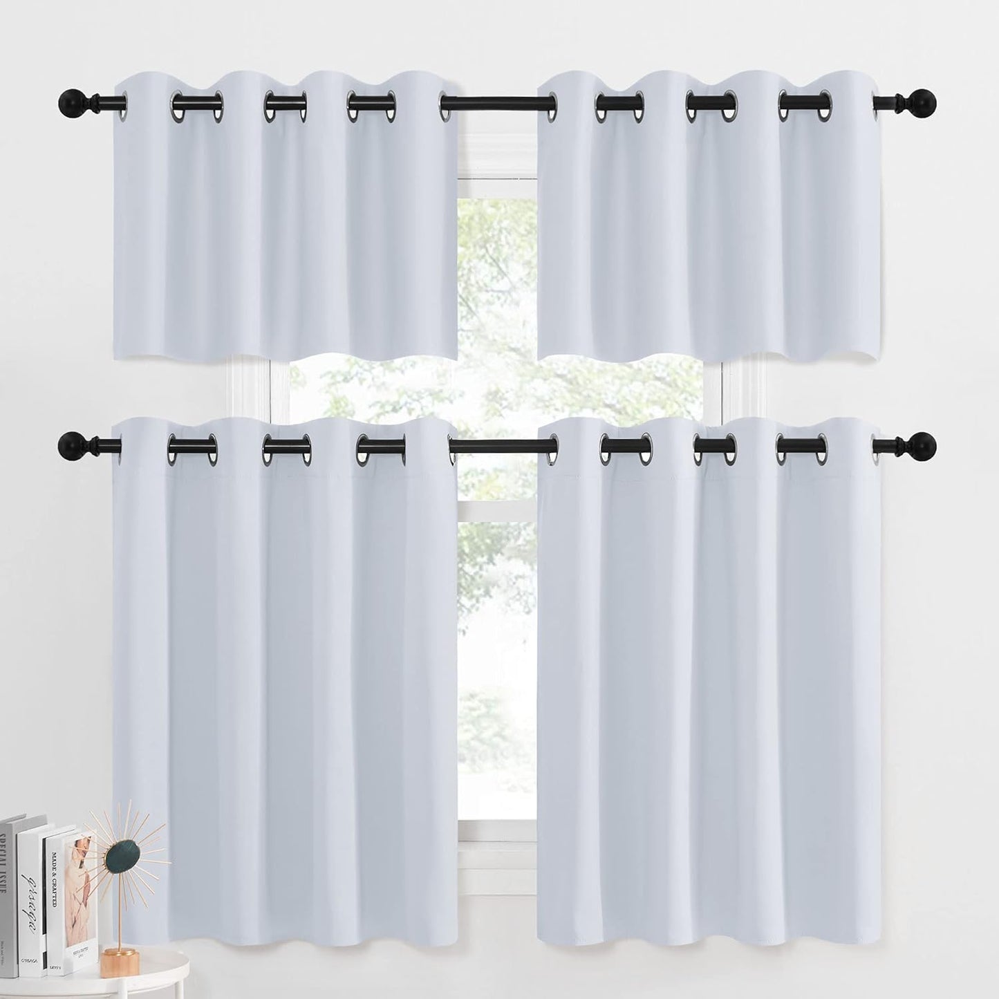 NICETOWN Greyish White Tiers Kitchen Curtains, Room Darkening Energy Efficient Grommet-Top Panels for Short Windows