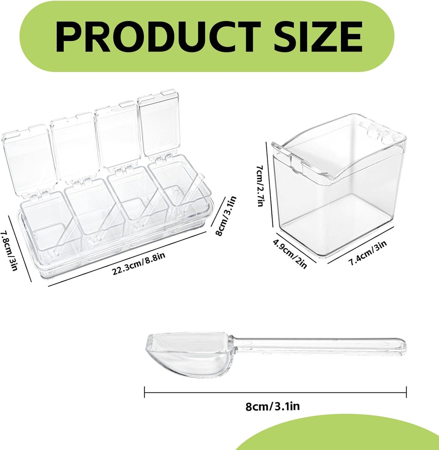 Clear Seasoning Box, 2 Pieces with Spoon, 8 Pieces Kitchen Spice Pots for Salt, Sugar, Pepper, Acrylic Storage