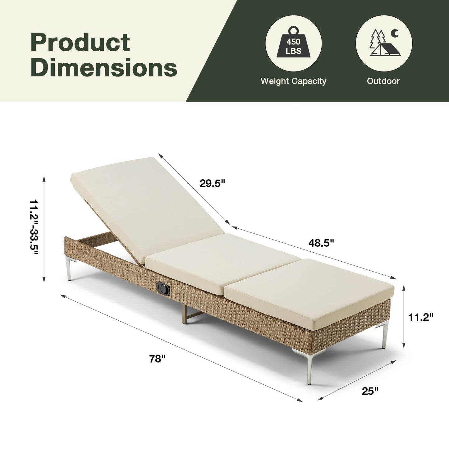 HOMREST Outdoor Chaise Lounge Chair Set of 2, Patio Wicker Lounge Chairs with Adjustable Backrest, Rattan Pool Sunbathing Chaiser with Removable Cushion (Khaki)