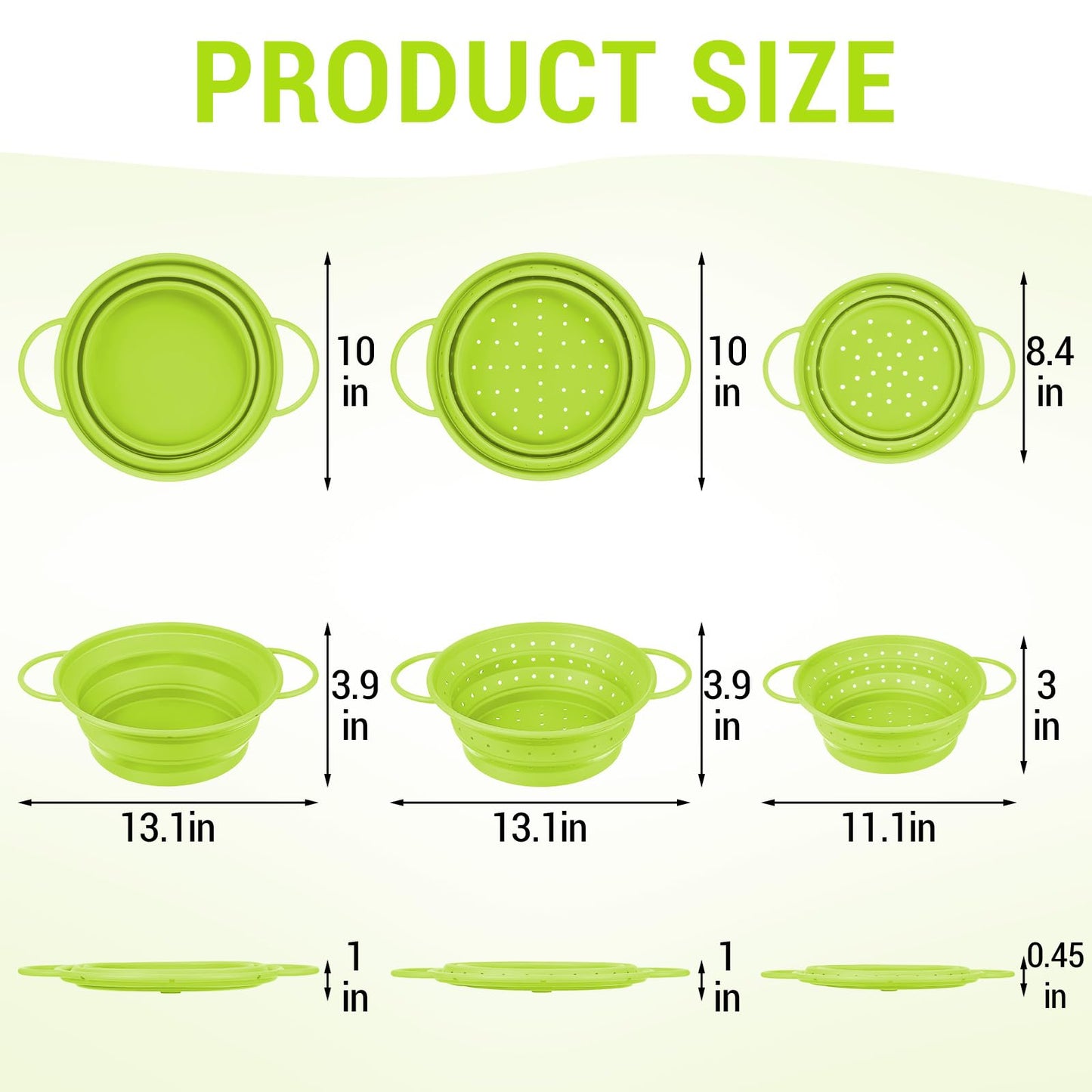 Afarnook 3 Pack Collapsible Colander with Strainer Bowl Set, 11 & 13 In BPA-Free Silicone Colanders for Kitchen, Heat-Resistant Strainer Dishwasher Safe Baskets for Vegetable Fruits (Green)
