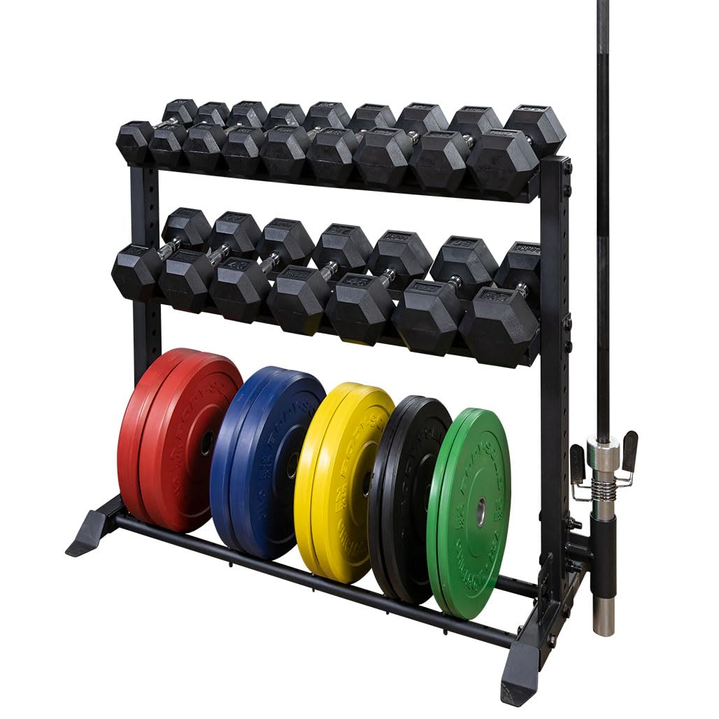 Body-Solid (Y420-LOADED) Dumbbell Rack Package Rack Organizer, Dumbbells, Plates, Bar w/Collars Included, Vertical Home Weight Storage and Commercial Gym Racks, Strength Training Accessories