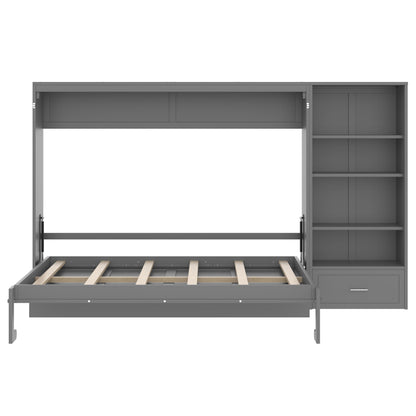 GDFStudio Queen Size Murphy Bed with Storage Compartments and Shelf, Wall Bed Frame with Adjustable Shelves and Drawer, Foldable Platform Bed for Guest Room Bedroom, Gray