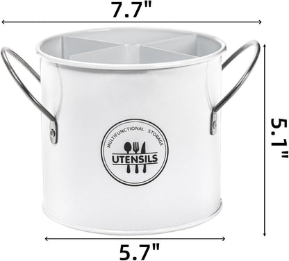 Vintage Farmhouse Utensil Holder, 4 Compartment Metal Cutlery Caddy with Removable Divider, White