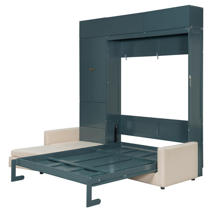 DNYN Queen Size Murphy Bed with Cabinet and Sofa Design for Bedroom/Guest Room, Space-Saving Foldable Wall Bed Frame with Multi-Layer Shelves, No Box Spring Needed