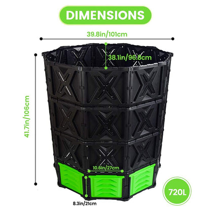 SQUEEZE master XXL Large Compost Bin Outdoor- 720L /190 Gallon-Easy Assembly-No Screws-Sturdy& Durable-Green Door