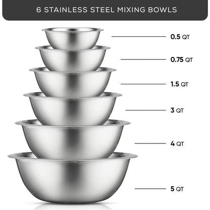 JoyJolt Stainless Steel Mixing Bowl Set - 6 Piece Nesting Bowls, 5qt to 0.5qt, Ideal for Kitchen, Cooking, Baking and Storage