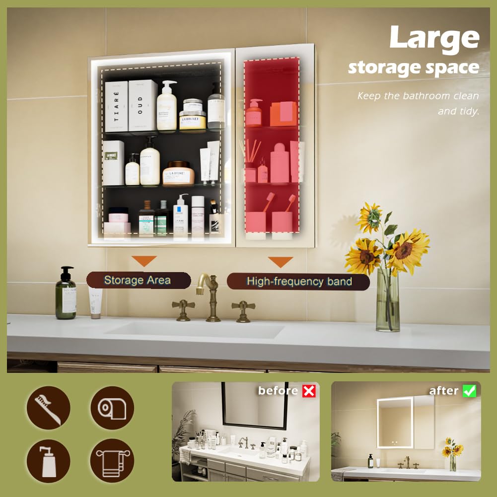 GANPE LED Lighted Bathroom Medicine Mirror Cabinet with Sockets & USBs, Anti-Fog Dimmable Light and Color Adjustment, Easy to Install Aluminum Cabinet (30 * 28 Two-Door)