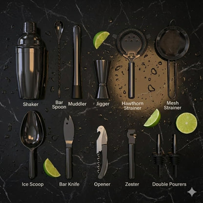 Highball & Chaser 13-Piece Cobbler Cocktail Shaker Set: Black Polished Stainless Steel Bartender Kit for Home Bar Set | Laser Engraved Tools Plus E-Book with 30 Recipes