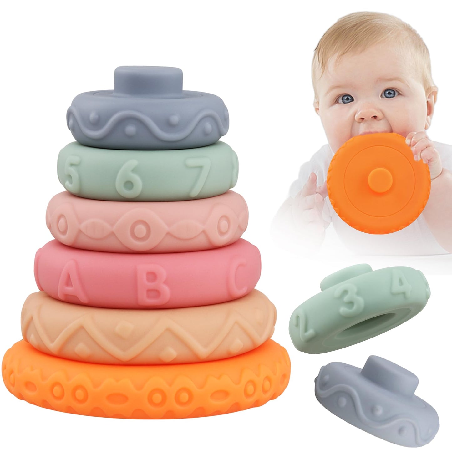 Miawow 6 Pcs Stacking Rings Soft Toys for Babies Newborn 0-18 Months 1 Year Old Girls Boys - Toddler Sensory Educational Montessori Baby Blocks - Infant Development Teething Learning Easter Basket