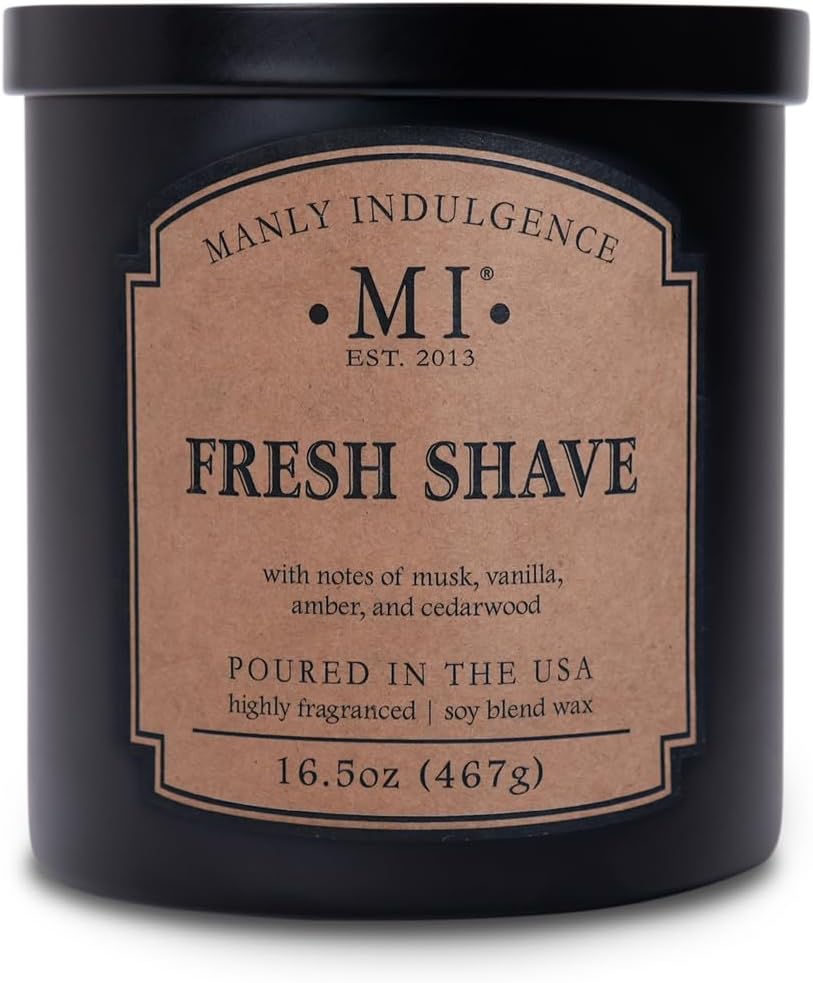 2 16.5 oz, 60H Manly Indulgence Fresh Shave Scented Candles for Men, Wick, Premium Soy Blend Wax, Burn, Candles