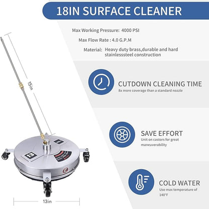TRELVEX 16.5" Pressure Washer Surface Cleaner with 4 Wheels, Stainless Steel Housing & 1/4" Quick Connector, Power Washer Attachment with 2 ExWands, 2 Replacement Nozzles, 4000 PSI