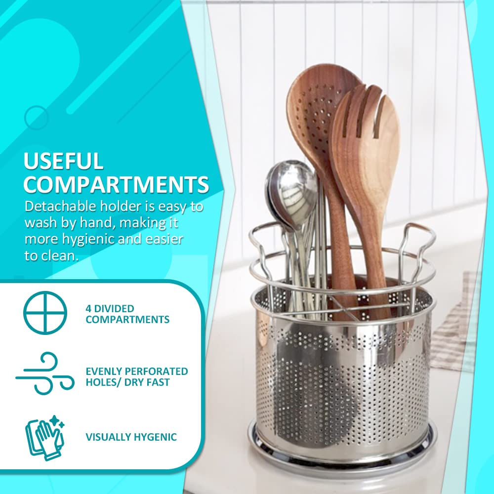 Stainless Steel Silverware Drying Basket for Dish Rack, 4-Compartment Utensil Holder with Drain Board, Countertop Cutlery Caddy for Kitchen Sink & Dishwasher