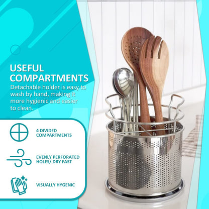 Stainless Steel Silverware Drying Basket for Dish Rack, 4-Compartment Utensil Holder with Drain Board, Countertop Cutlery Caddy for Kitchen Sink & Dishwasher