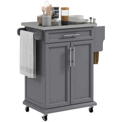 GOWE Kitchen Island on Wheels, Rolling Kitchen Cart with Stainless Steel Countertop, Drawer, Towel Rack and Spice Rack, Utility Storage Trolley, Gray