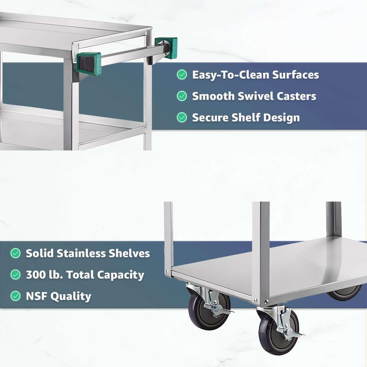 19" x 30.5" Commercial Stainless Steel Utility Cart NSF - Three Shelf Rolling Service Cart with Handle and 5" Casters - 300 lb Capacity, Rolling Cart for Warehouse and Restaurant
