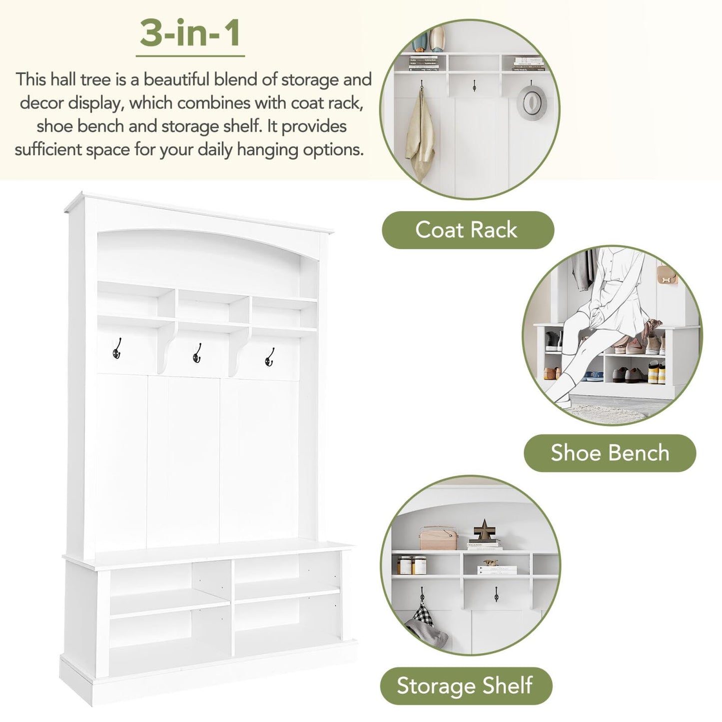 HEIDOUHEI Hall Tree with Bench Shoe Storage Entryway Coat Rack 47.2'' Wide Multi-Functional 3 Hanging Hooks Open Space Rectangle Shelves Farmhouse Boho Furniture Organizer Hallway