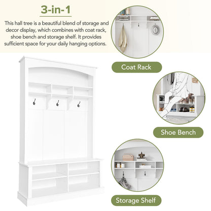 HEIDOUHEI Hall Tree with Bench Shoe Storage Entryway Coat Rack 47.2'' Wide Multi-Functional 3 Hanging Hooks Open Space Rectangle Shelves Farmhouse Boho Furniture Organizer Hallway