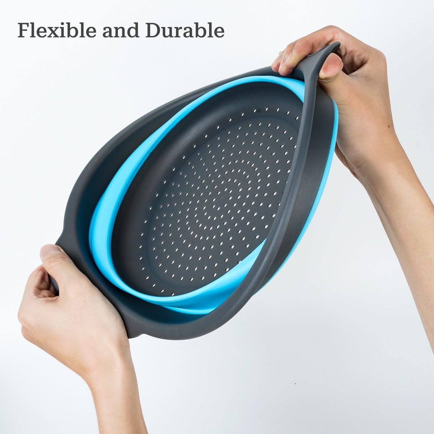 Cluren Collapsible Colander 3-Pack Set Space-Saving Foldable Kitchen Strainer with Non-Slip Base Durable Thickened PP+TPE Collapsible Strainers for Pasta, Vegetables, Fruits (Gray-Blue)