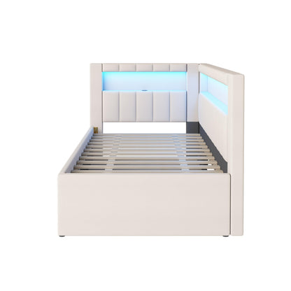 DNYN Upholstered Twin Size Daybed with Trundle for Bedroom,Apartment,Solid Wood Bedframe w/USB Ports & LED Design,Super Save Space & No Box Spring Needed, White