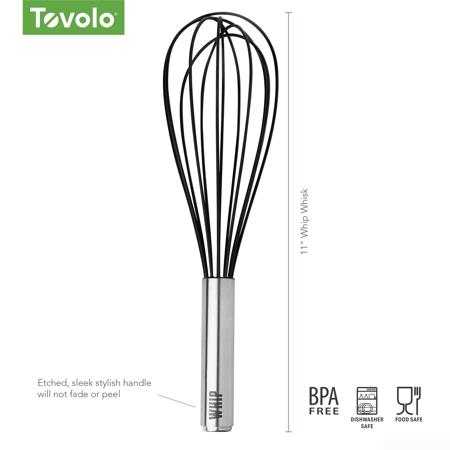 Tovolo Balloon Whisk 11 in Whip Whisk for Cooking Blending Mixing Stirring Whipping Beating, Dishwasher Safe Silicone Coated Wire Handheld Large Heavy Duty Multi Function Whip Whisking Mixer, Black