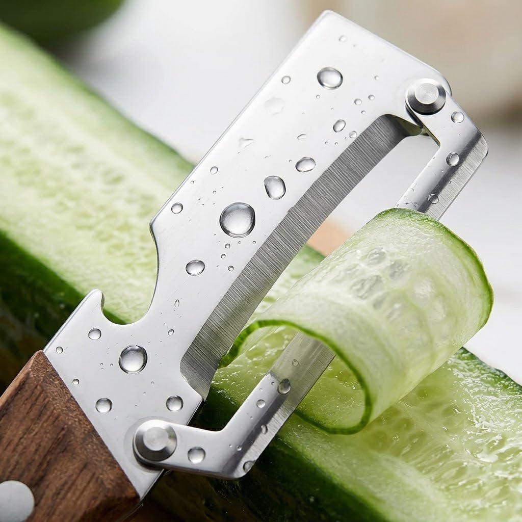 2 in 1 Multi Functional Vegetable Peeler with Bottle Opener and Wooden Handle Stainless Steel Blade Kitchen Tool for Sugar Cane Potato Fruit Pineapple Pumpkin Papaya Carrot Veggie Peeler - 2pc