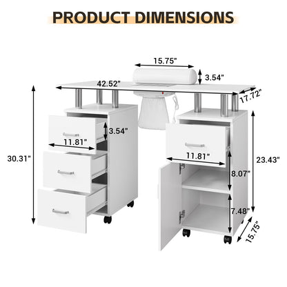 PeacefulHues Manicure Table Nail Desk, Nail Station with Electric Dust Collector, Wrist Rest and Storage Drawers Cabinet, Beauty Salon Workstation for Nail Tech, White