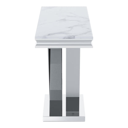 Furniture of America Namai 25mm Faux Marble Top Rectangle Sofa Table with Metal Construction and V-Style Pedestal, Home Décor for Living Room, Entryway, Hallway, Office, Corridor, Chrome