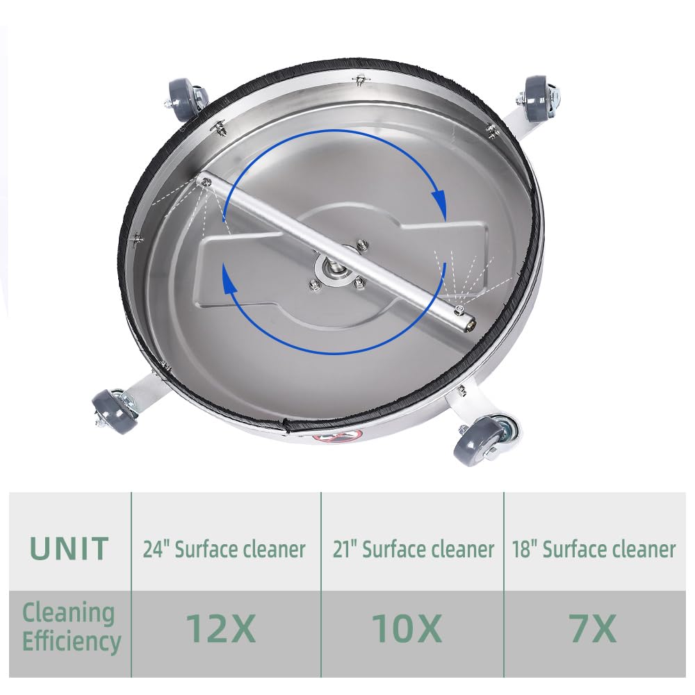 Stainless Steel Pressure Washer Surface Cleaner with 4 Wheels 1/4" Quick Connector 2 Extension Wand Attachments 4000PSI Ideal for Cleaning Driveways, Sidewalks, Decks