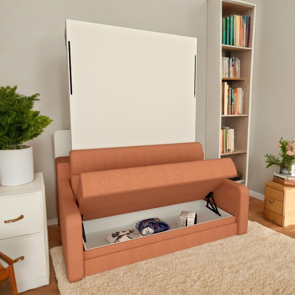 FAVSH Full Size Murphy Bed Cabinet with Loveseat Sofa, White Hidden Beds,Wall Bedframe w/Orange Couch for Bedroom,Space-Saving, Noise Free