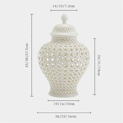 Ginger Decorative Jar with Lid White Porcelain Handcrafted Ceramic Vases for Flowers Traditional Chinese White Carved Lattice Ginger Jar with Lid Decorative Porcelain Vases Temple,White23*38cm