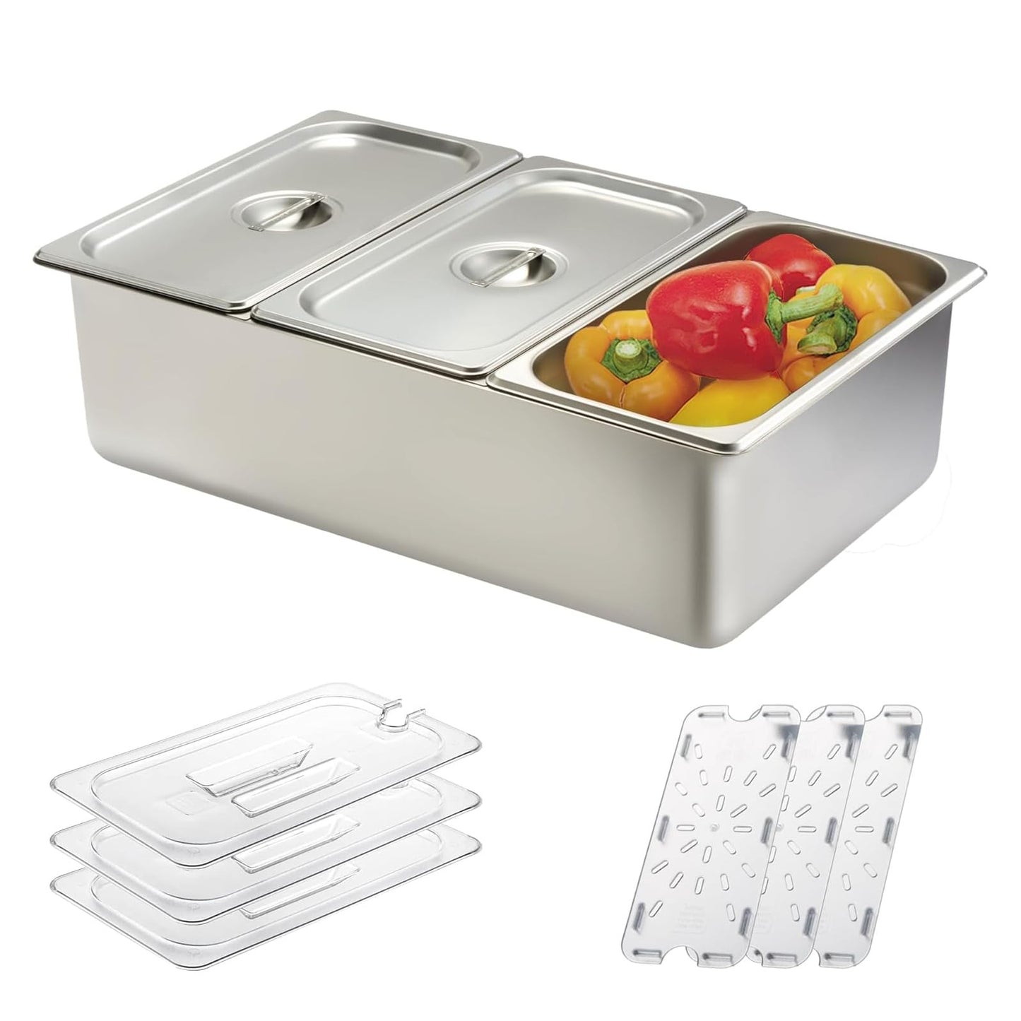Wawuwao Chilled Condiment Server with Lid, 3-Compartment Stainless Steel Chilled Serving Tray with Lids, Commercial Food Storage Containers for Buffet Restaurant Home, 2 Types of Lids (3-Pan)