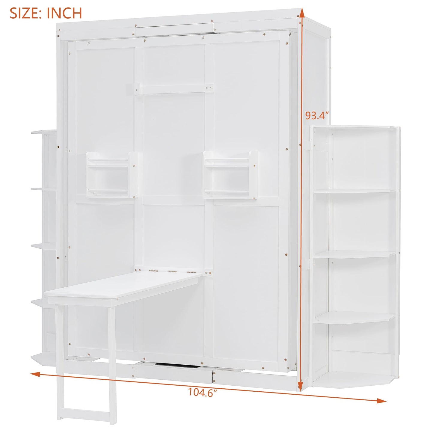 Rotating Full Murphy Bed with Hidden Wall Cabinet, Dual 3-Tier Side Shelves, Convertible Desk, Extra Storage Racks, Space-Saving Multifunctional Wall Bed for Home Office &Small Rooms, White