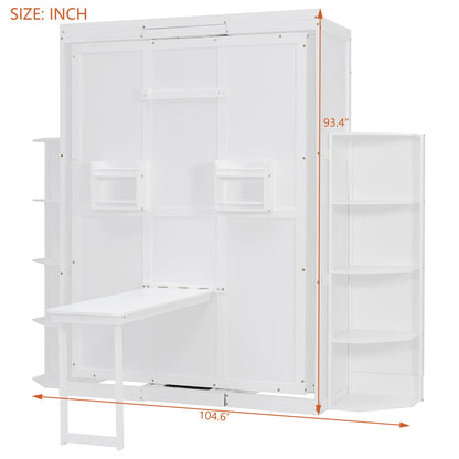 Rotating Full Murphy Bed with Hidden Wall Cabinet, Dual 3-Tier Side Shelves, Convertible Desk, Extra Storage Racks, Space-Saving Multifunctional Wall Bed for Home Office &Small Rooms, White