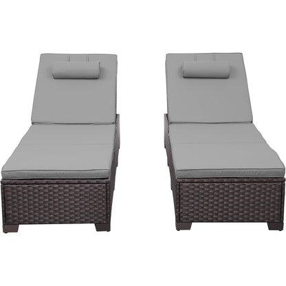 Rattan Star Brown Wicker Patio Chaise Lounge Chairs Set of 2 Outdoor Chaise Lounge Pool Lounge Chairs Poolside Recliner Chairs with Grey Cushions and Headrest