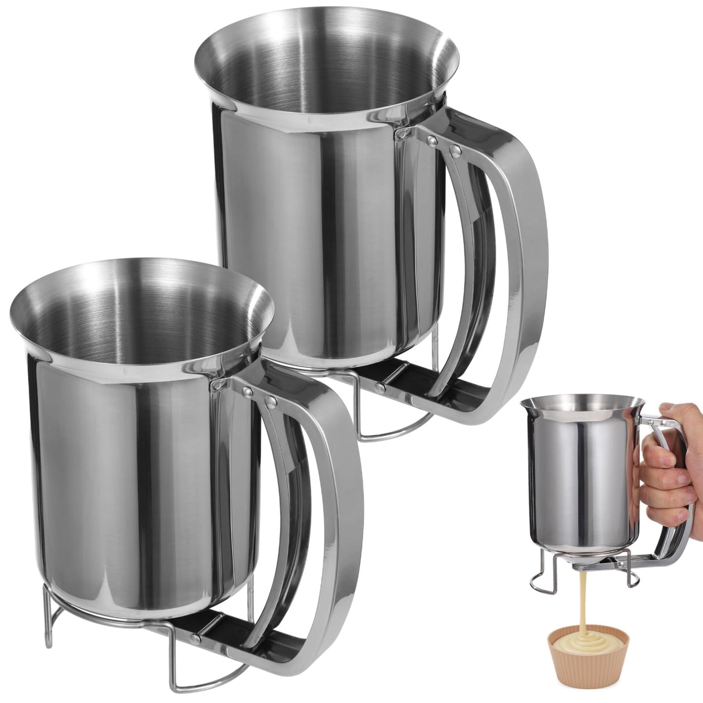 2 PCS Stainless Steel Batter Dispenser, 27 oz Pancake Batter Dispensing Container with Handle, Manual Cupcake Mix Dispenser for Cooking, Baking, Candle Making, Kitchen and DIY Use