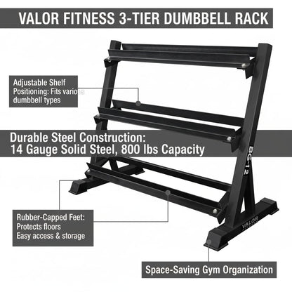 Valor Fitness 3-Tier Dumbbell Rack - Adjustable Weight Organizer Rack for Home Gym Dumbbell Storage Sports Equipment Organizer