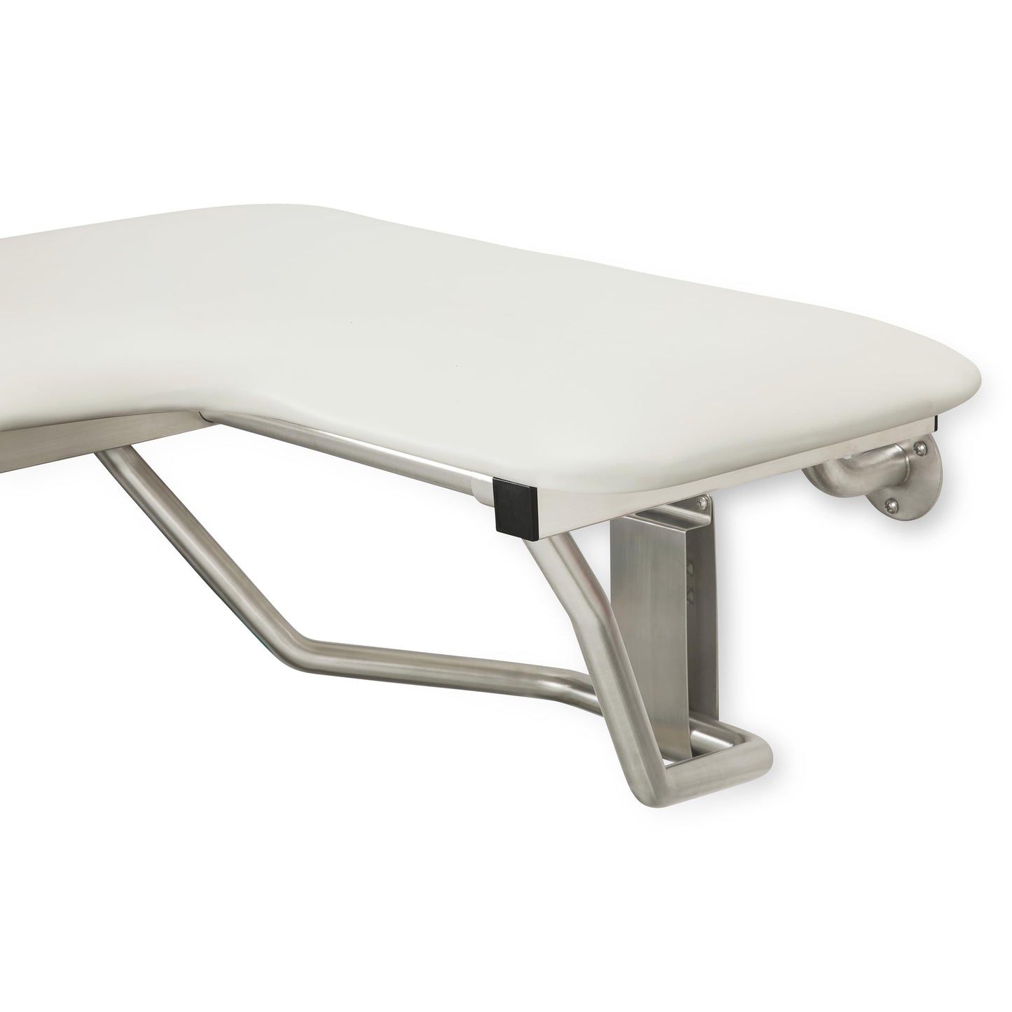Seachrome Lift-Assist Shower Seat, L-Shaped Right-Hand, ADA, Wall Mount, Padded White Naugahyde